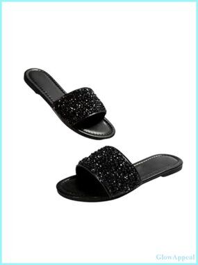 Sparkly Rhinestone Flat Sandals Jeweled Glitter Slides Open Toe Slip On